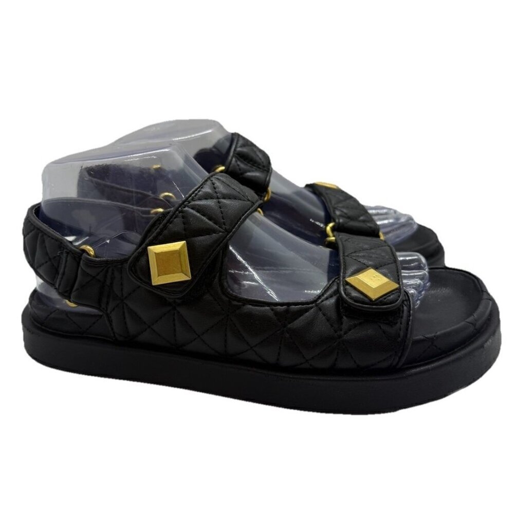 MNG Mango Sandals Womens EU38 US7 Black Padded Studs Chunky Quilted Double Strap
